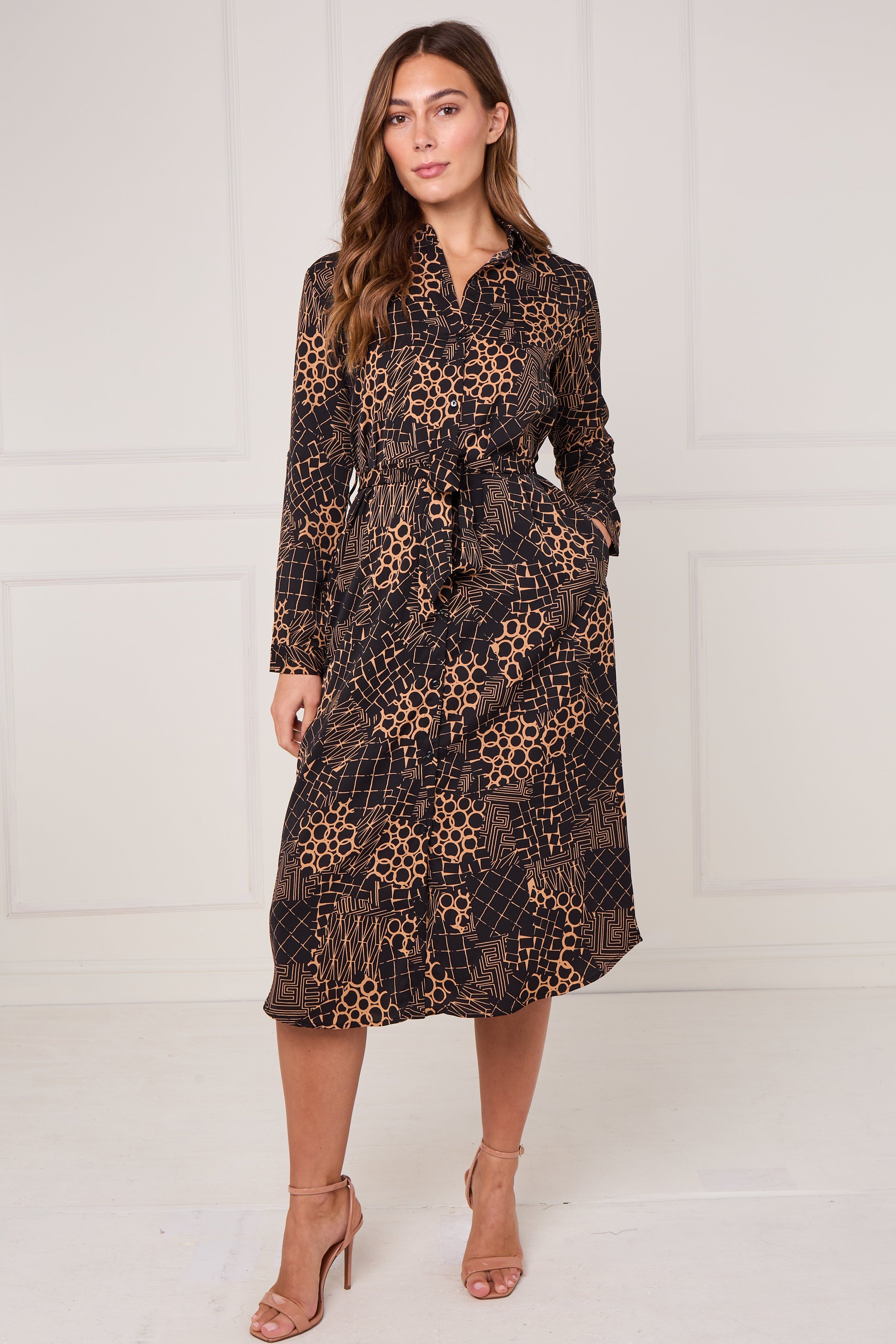 Caramel Modern Patchwork Geo Print Midi Shirt Dress LS-2156L-S59