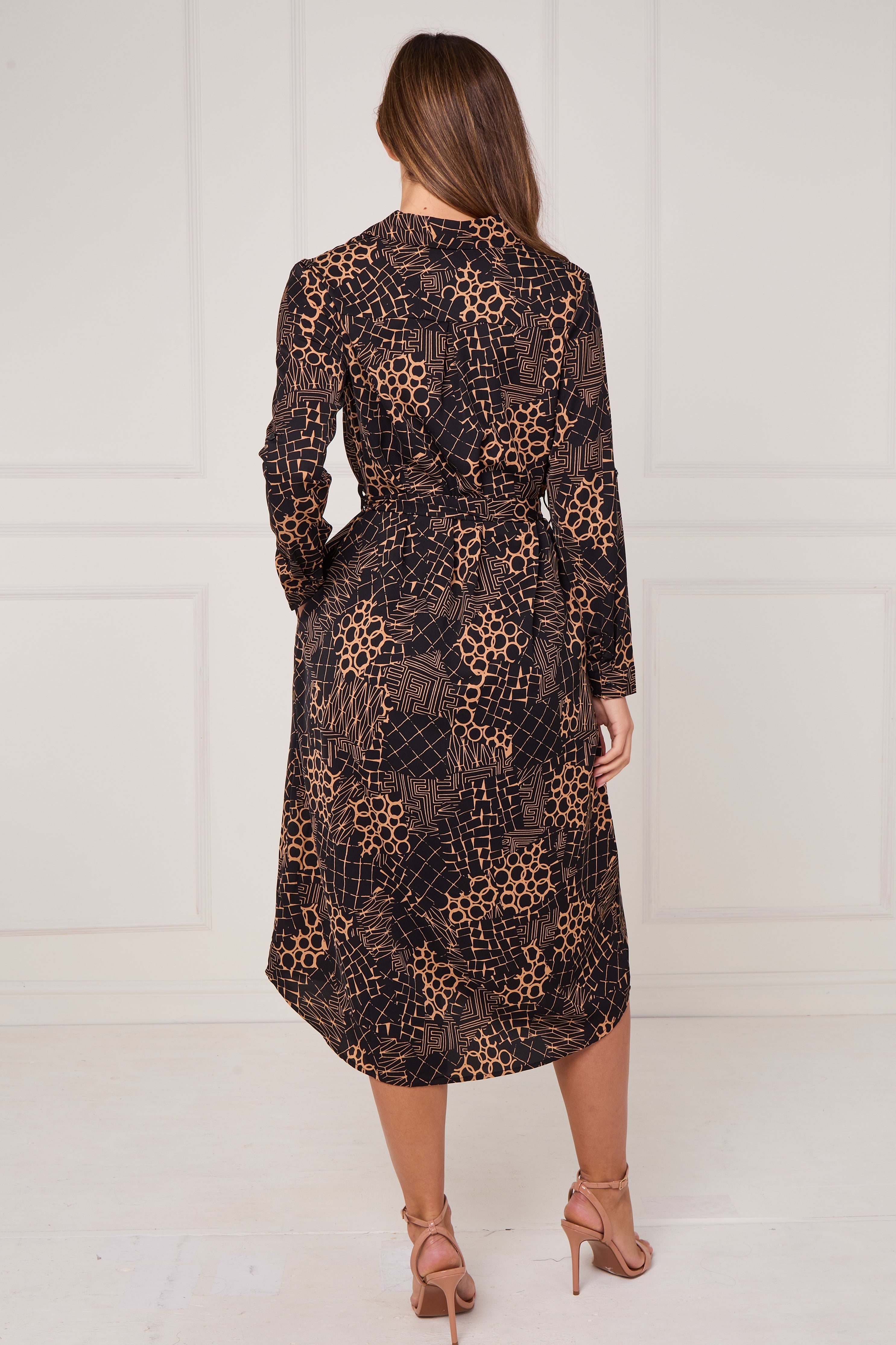 Caramel Modern Patchwork Geo Print Midi Shirt Dress LS-2156L-S59