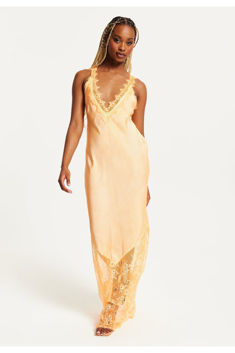 Lace Detailed V Neck Maxi Dress In Orange UAL01408