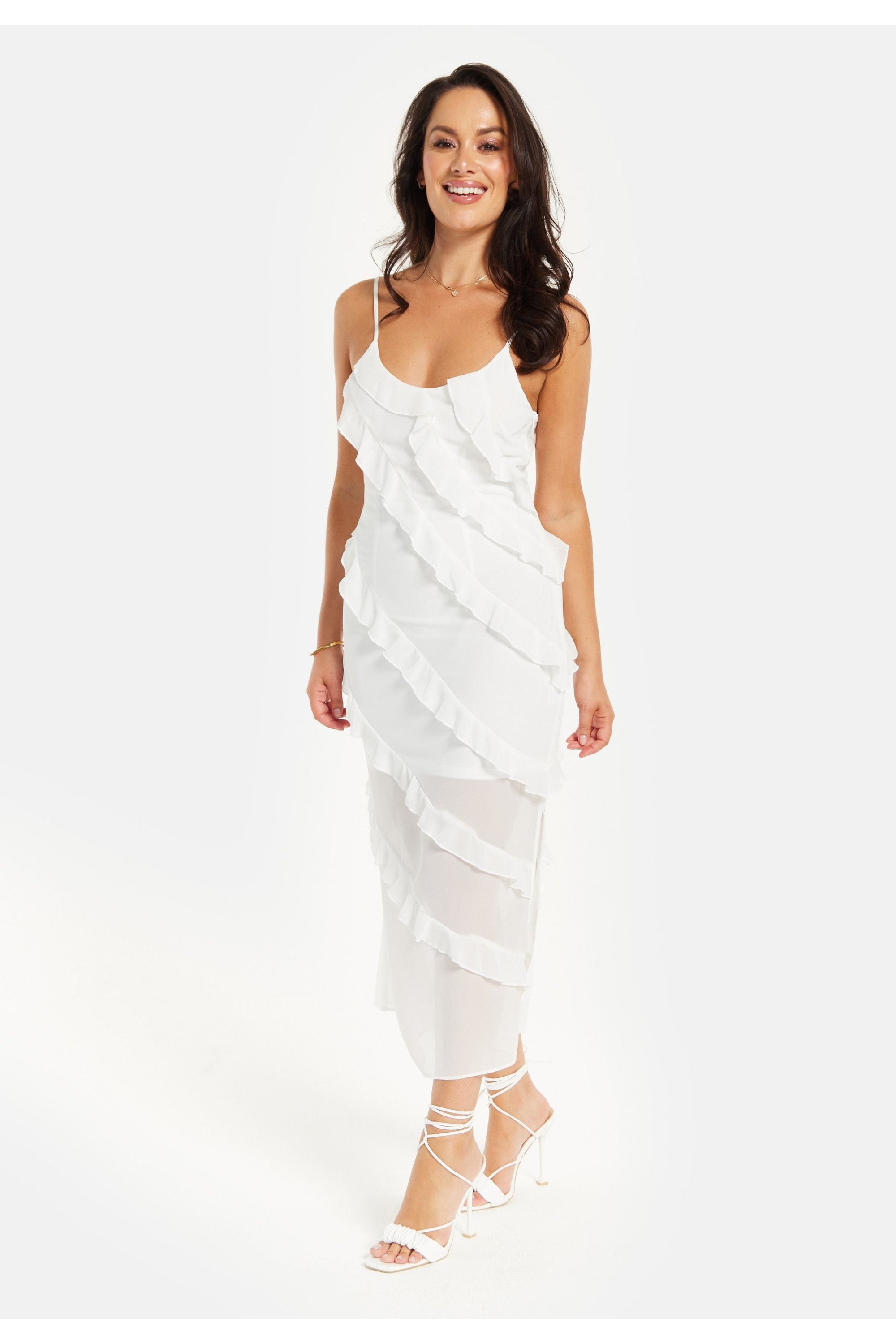 Diagonal Frill Strap Midi Dress In White DML009002