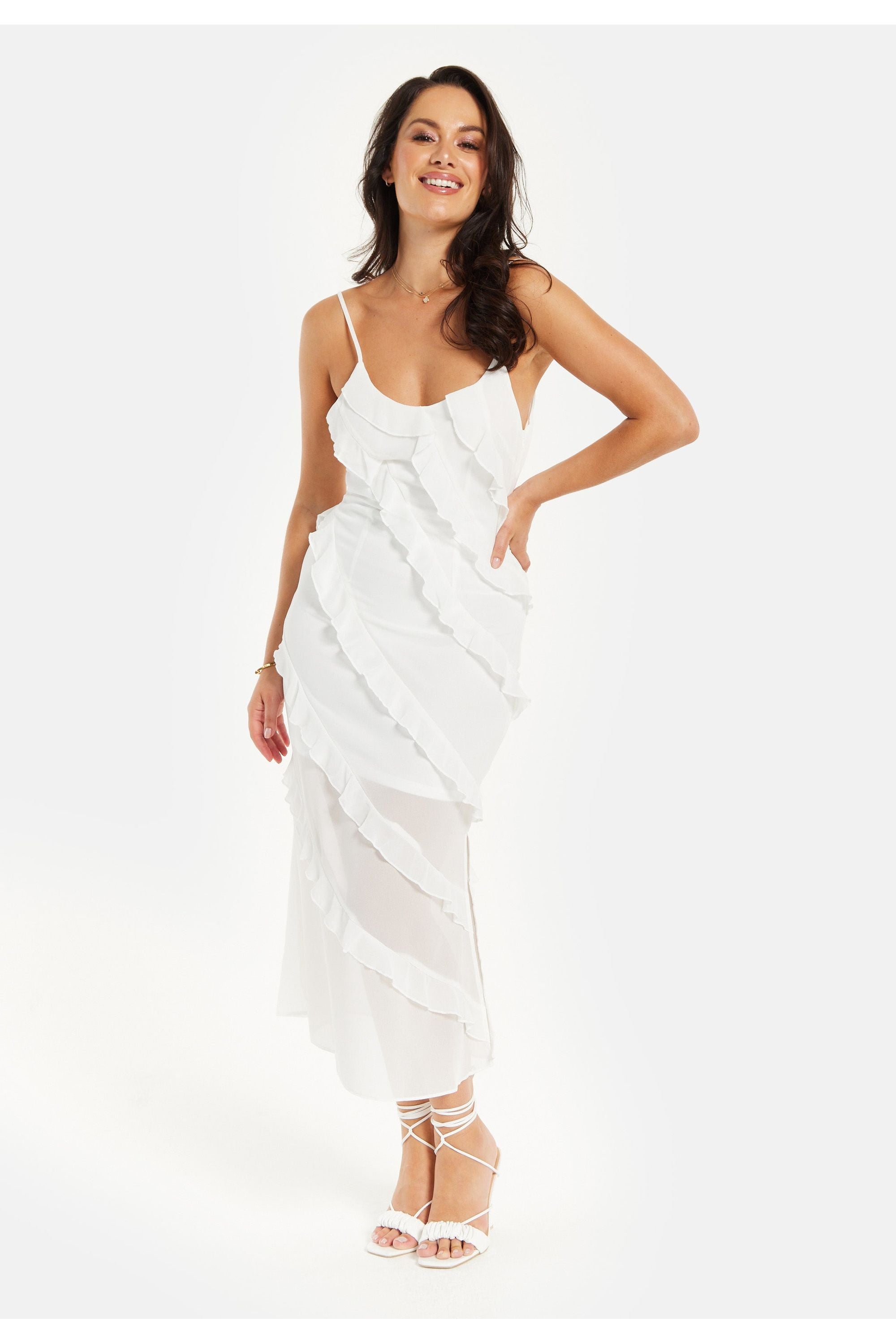 Diagonal Frill Strap Midi Dress In White DML009002