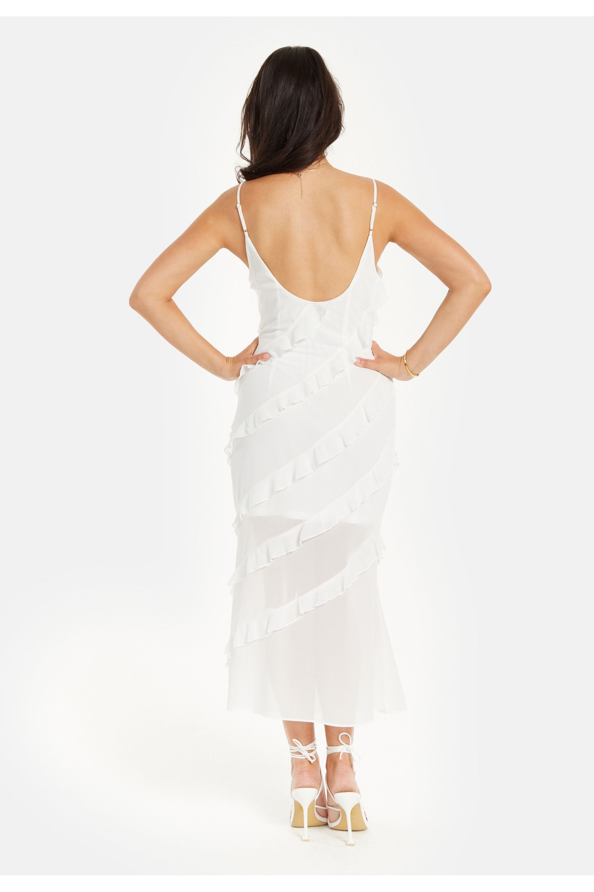 Diagonal Frill Strap Midi Dress In White DML009002