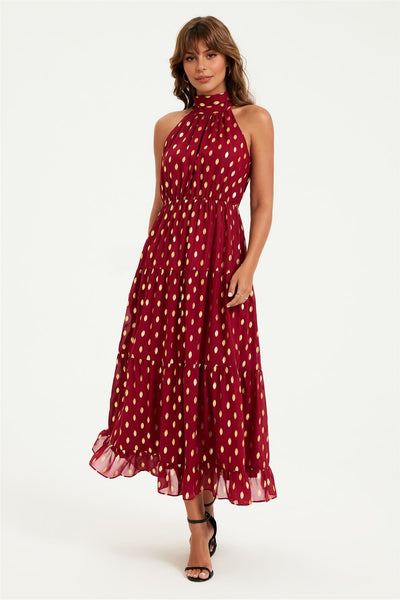Wine - Gold Foil Halter Neck Tie Back Midi Dress In Wine by FS Collection