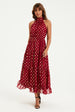 Gold Foil Halter Neck Tie Back Midi Dress In Wine by FS Collection