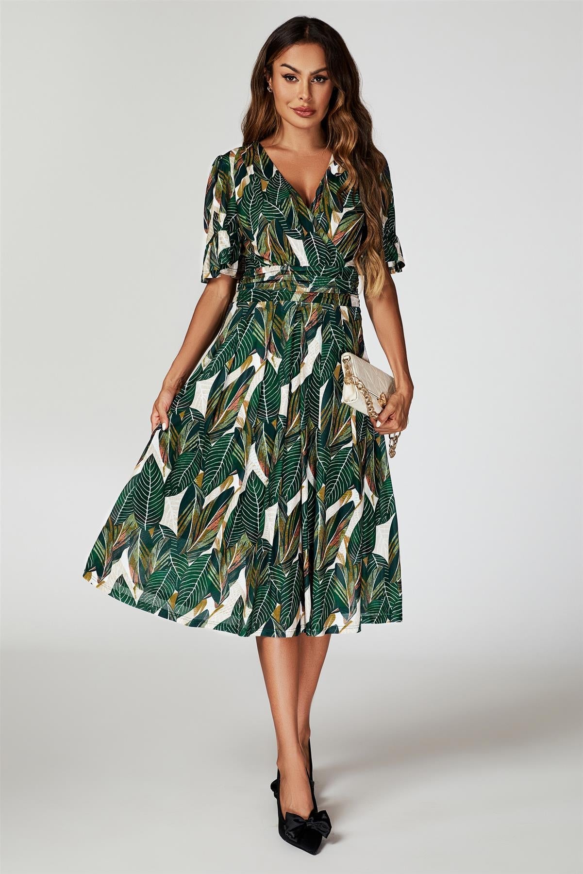 Leaf Print Mesh Midi Dress In Green FS739