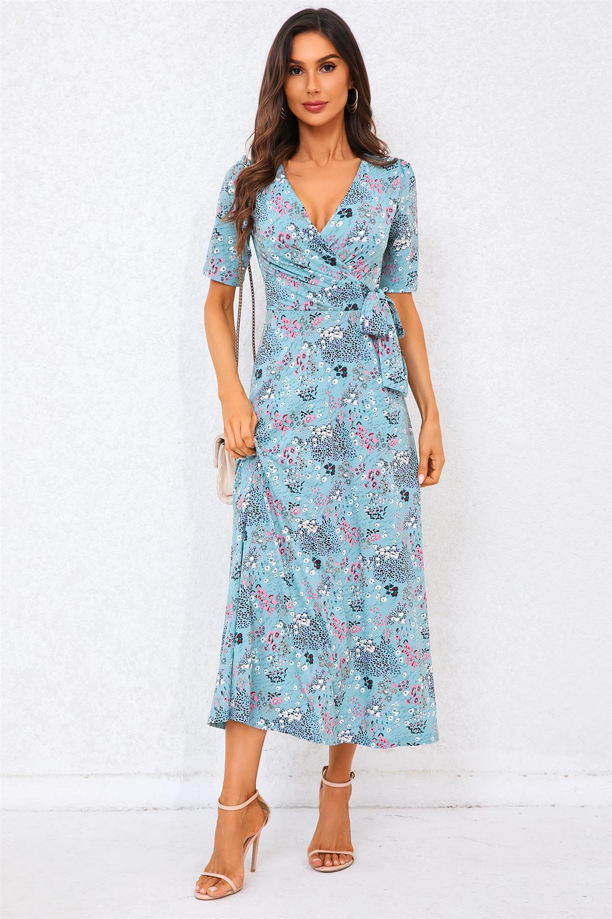 Floral Print Jersey Midi Dress In Blue FS706-BlueFloral