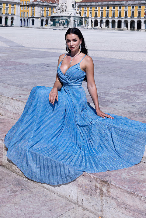 Sleeveless Pleated A Line Lurex Maxi Dress - Blue by Goddiva