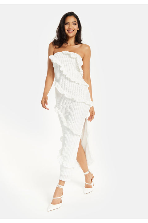 Diagonal Frilled Slit Detail Jersey Dress In White by Liquorish