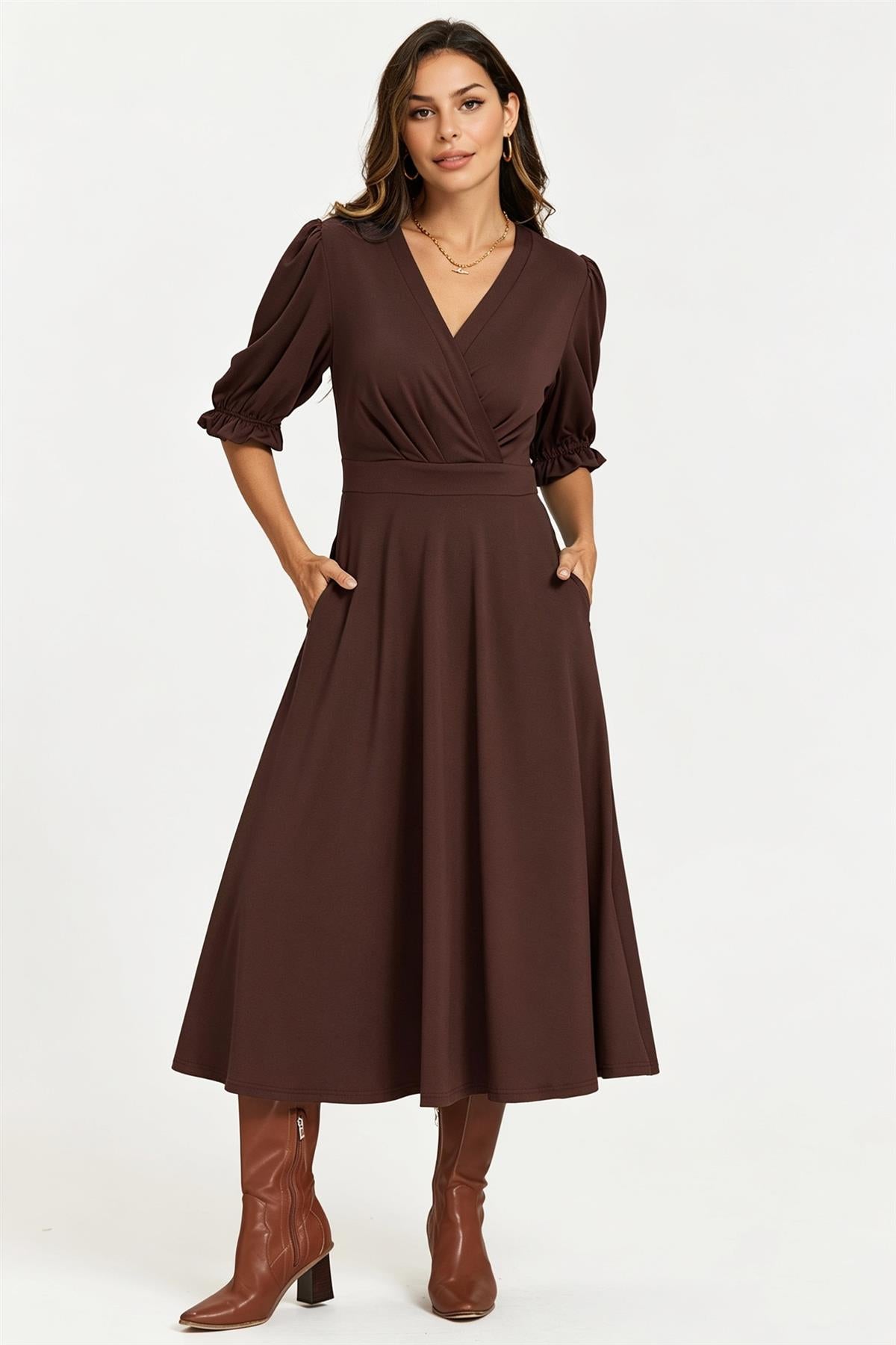 Half Sleeves Jersey Midi Dress With Wrap Neckline In Chocolate FS898