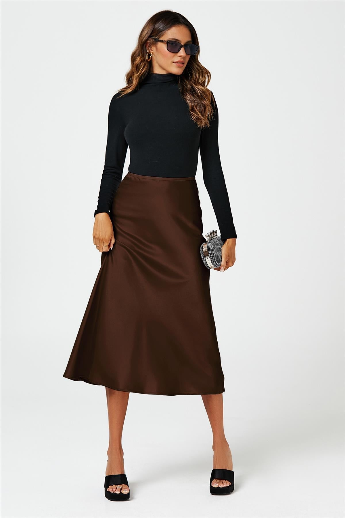 Brown Satin Midi Skirt FS613
