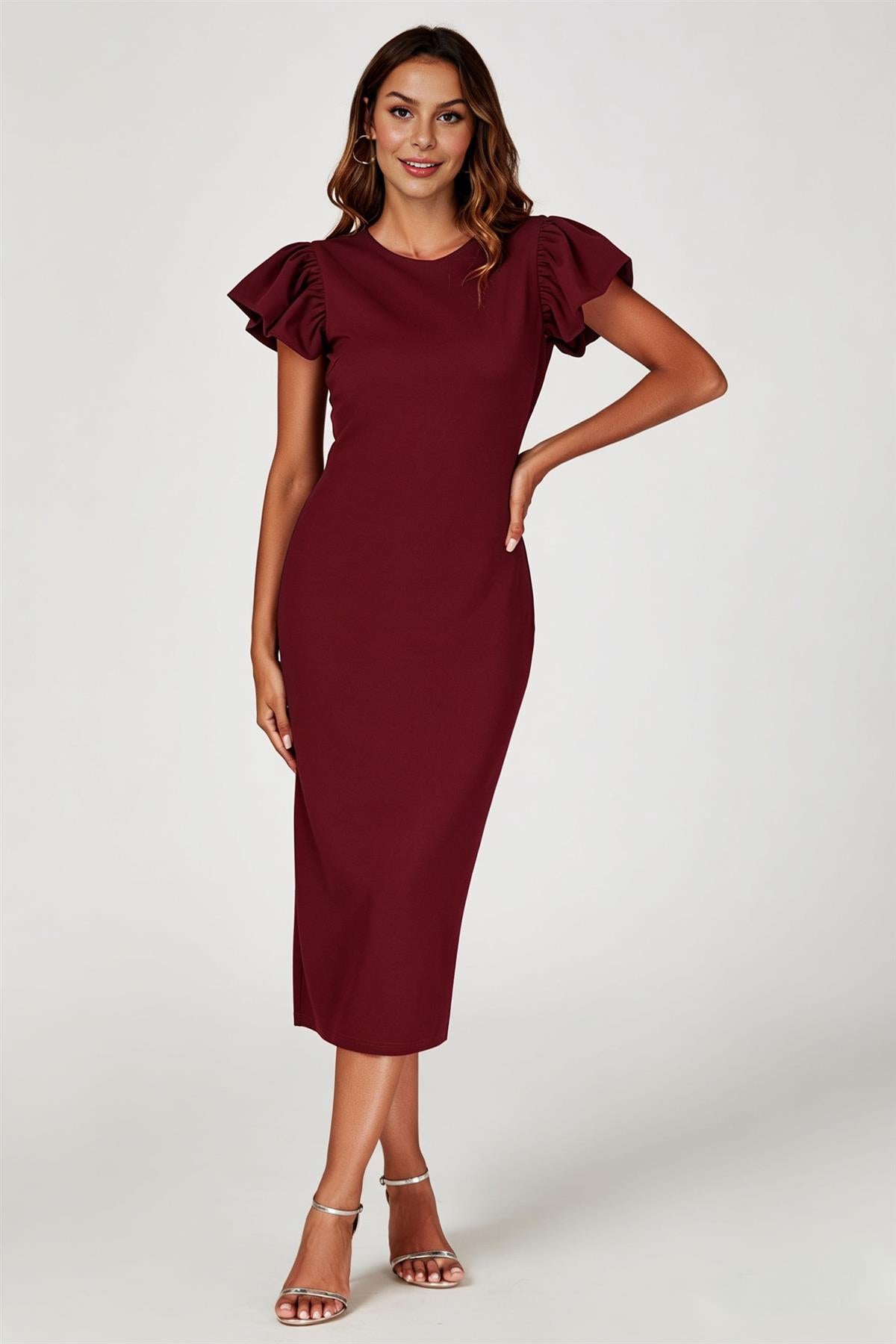 Volume Sleeve Bodycon Midi Dress In Burgundy FS770