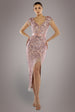 Embroidered Sequin Tassel Front Split Midaxi Dress - Blush Pink by Goddiva