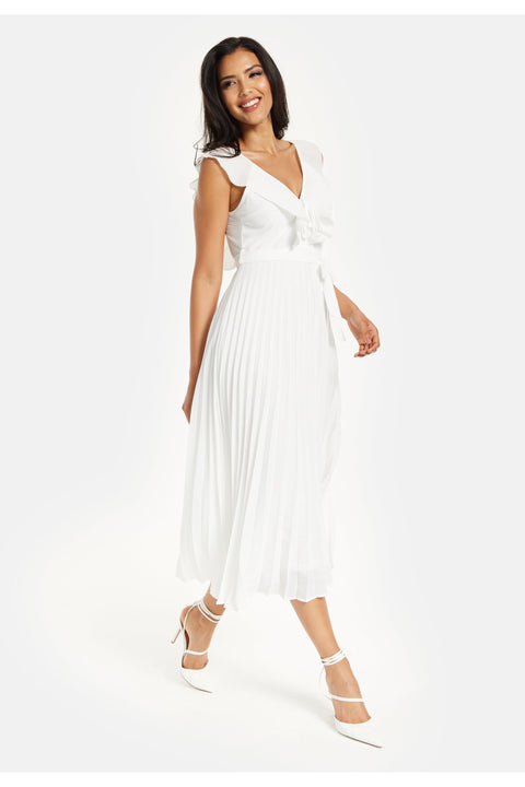 Frilled V Neck Sleeveless Pleated Maxi Dress In White MSL019