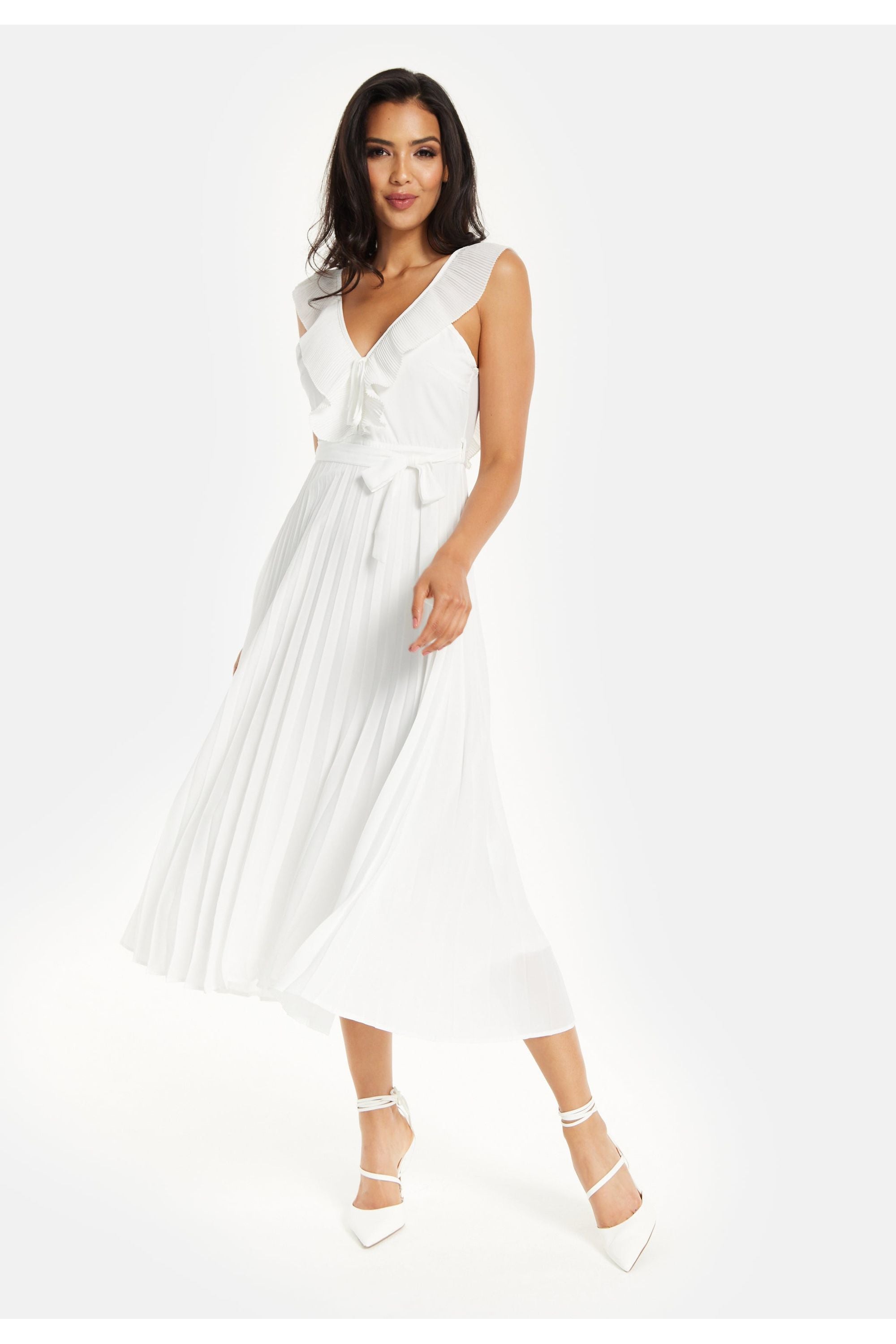 Frilled V Neck Sleeveless Pleated Maxi Dress In White MSL019