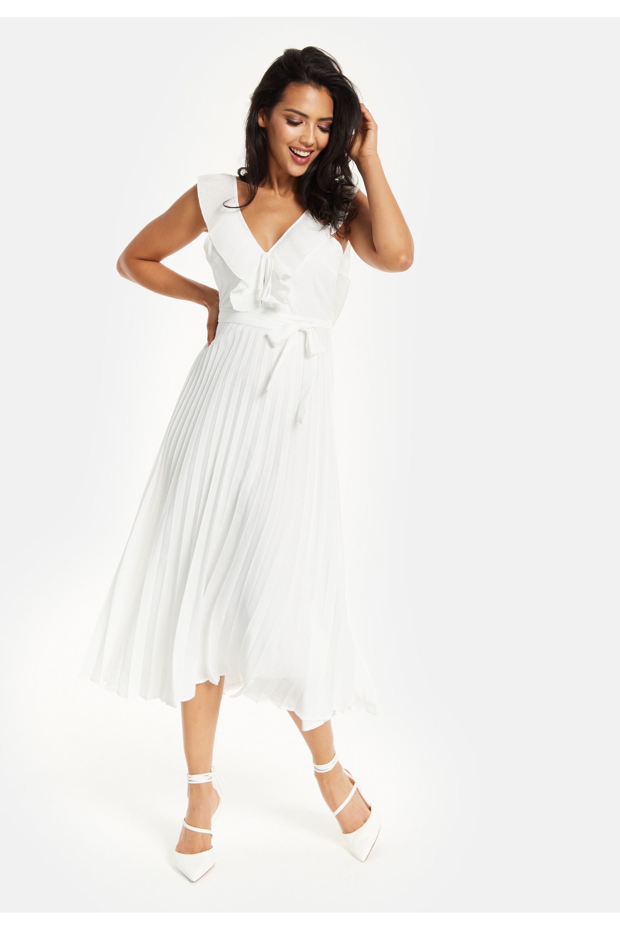 Frilled V Neck Sleeveless Pleated Maxi Dress In White MSL019