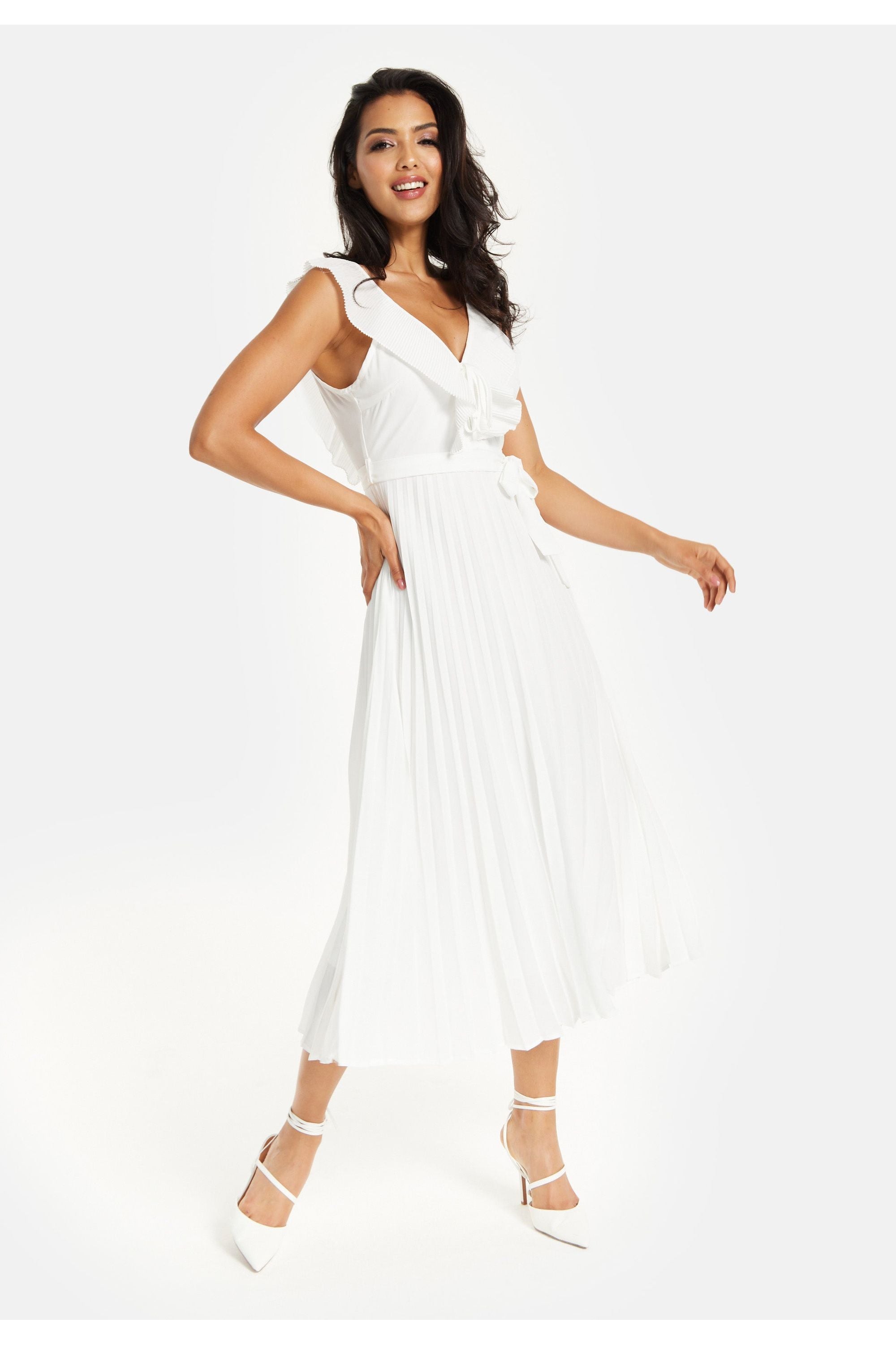 Frilled V Neck Sleeveless Pleated Maxi Dress In White MSL019