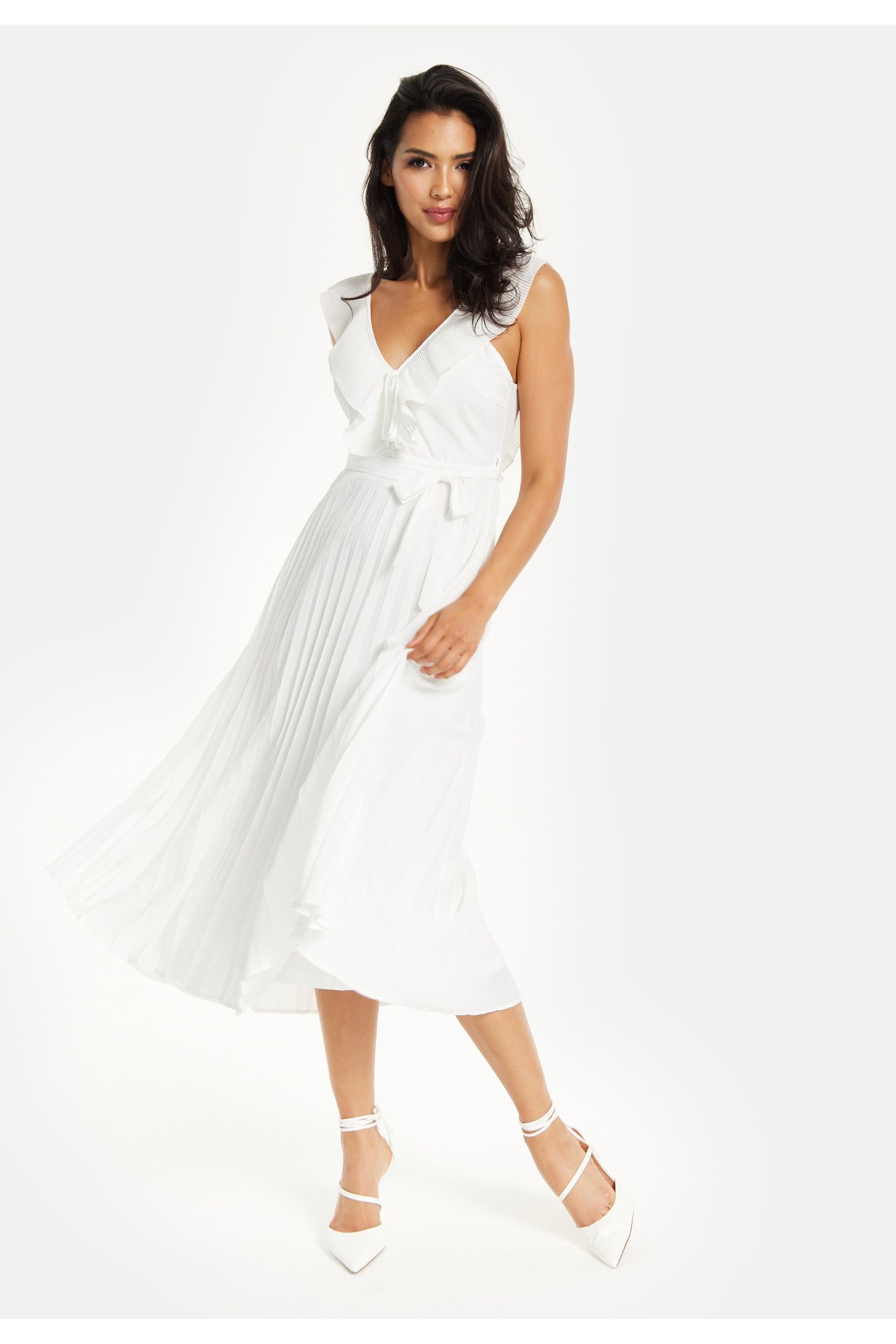 Frilled V Neck Sleeveless Pleated Maxi Dress In White MSL019