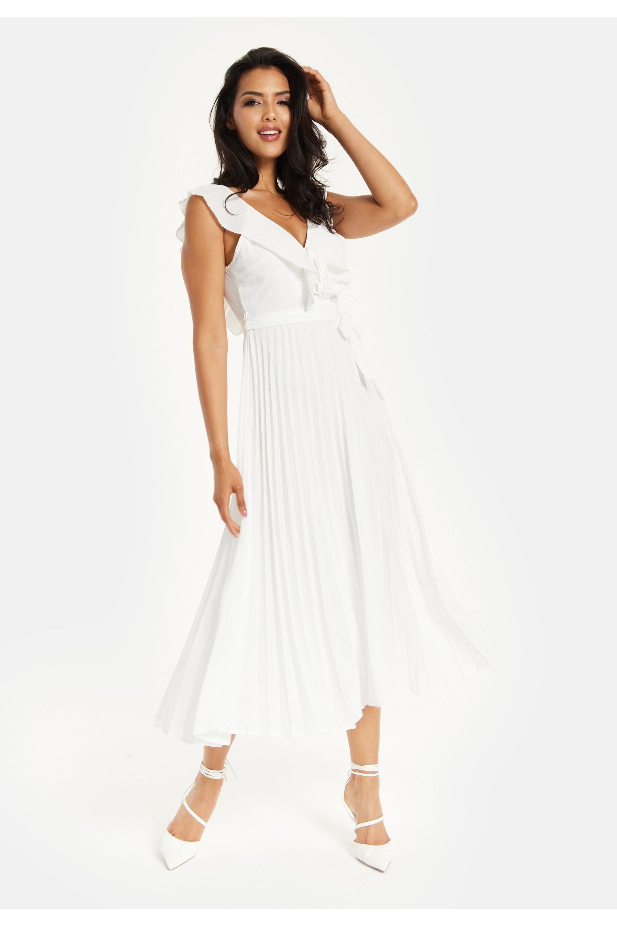 Frilled V Neck Sleeveless Pleated Maxi Dress In White MSL019