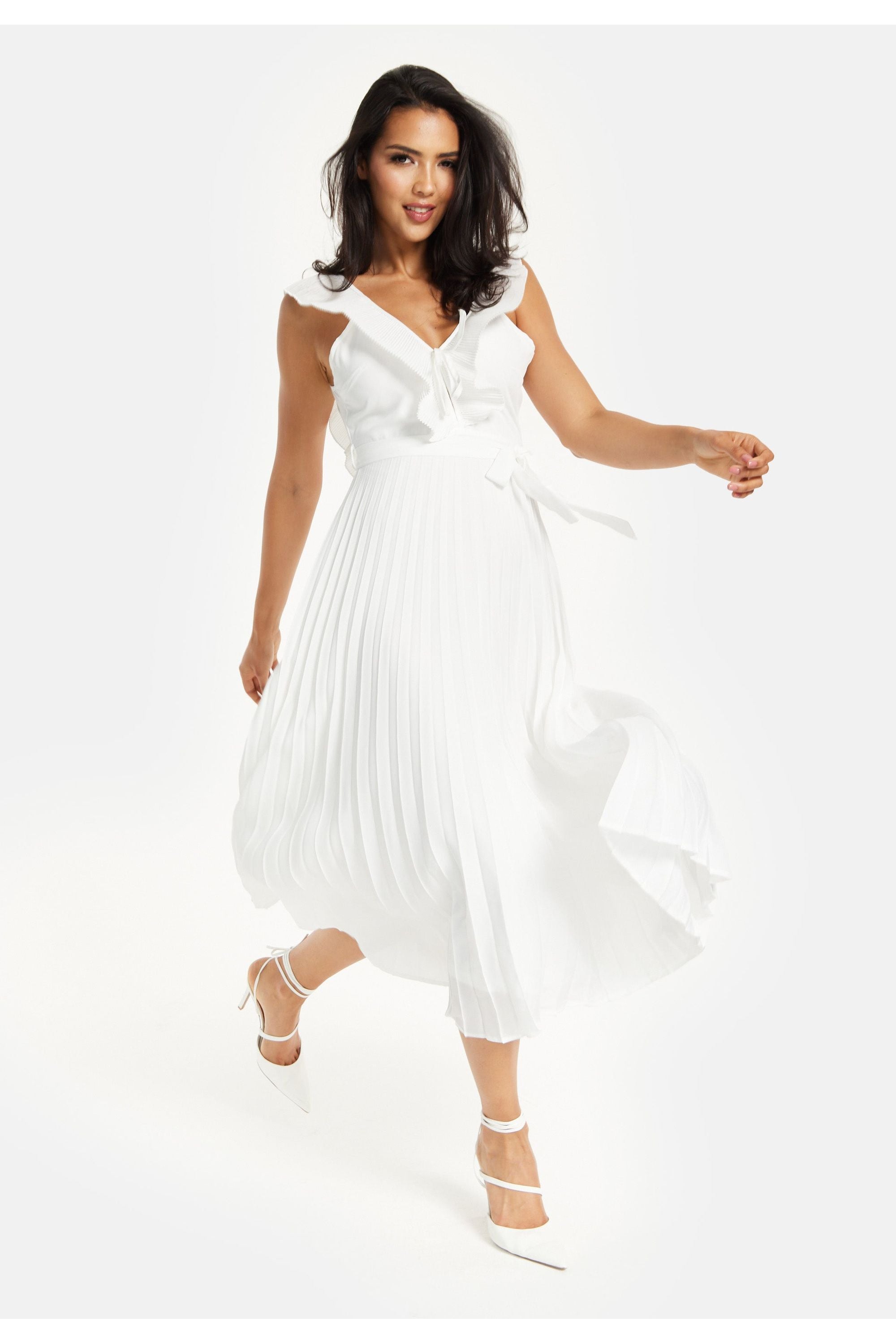 Frilled V Neck Sleeveless Pleated Maxi Dress In White MSL019