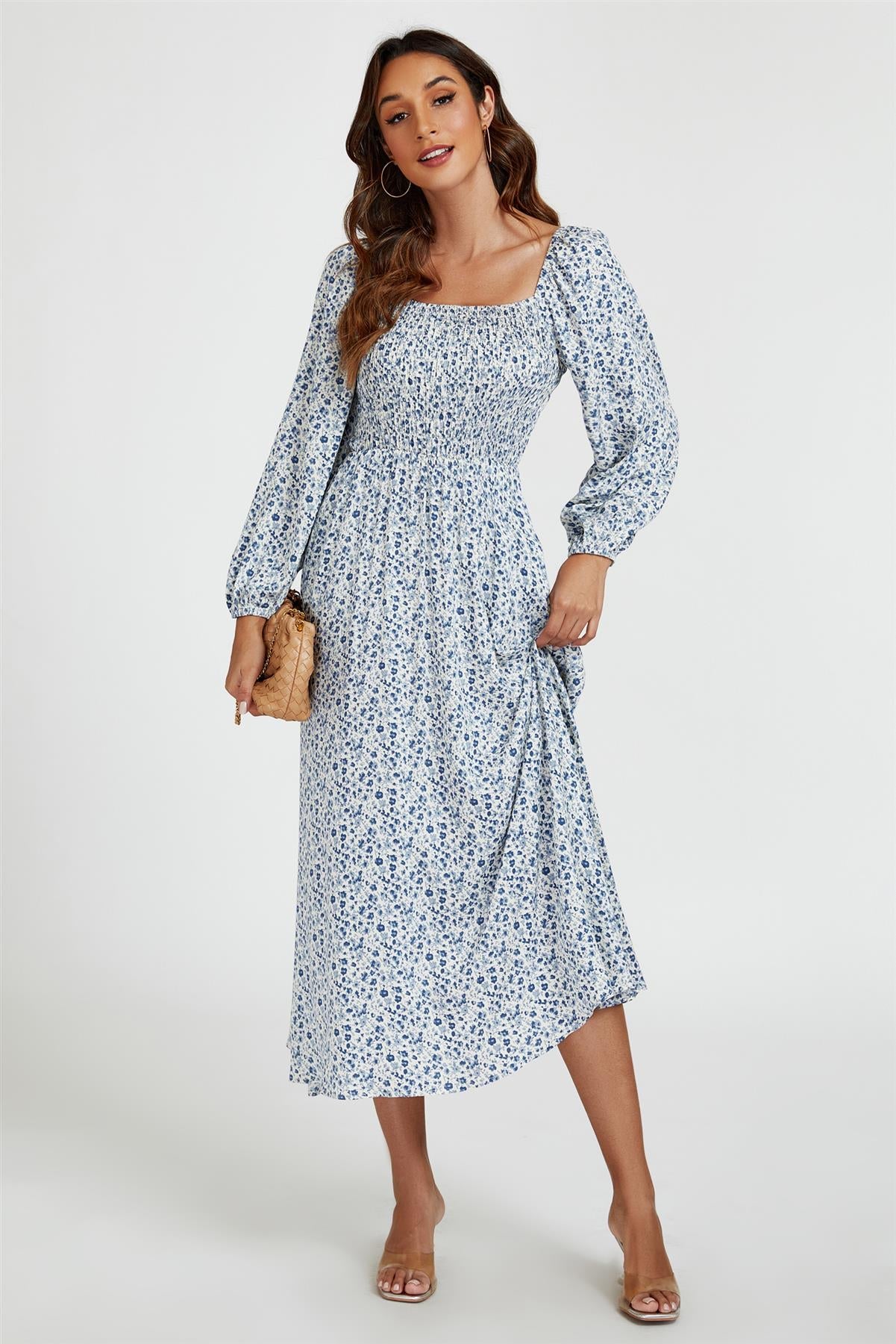 Floral Print Square Neck Maxi Dress In Light Blue FS794-LBLF