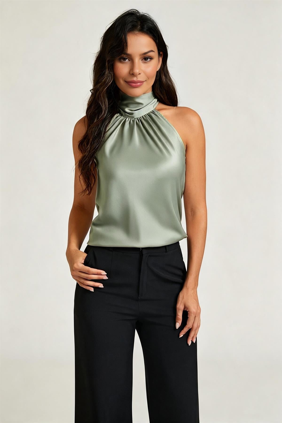 Satin Halter Neck Tie Back Top In Dusty Sage FS21180