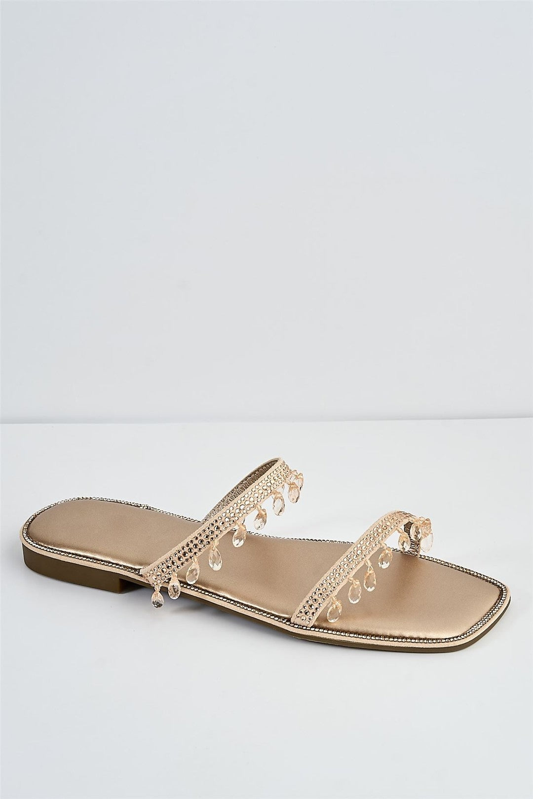 Maddie 2 Band Gemstone Droplet Flat Sliders In Champagne 1008-CHAM