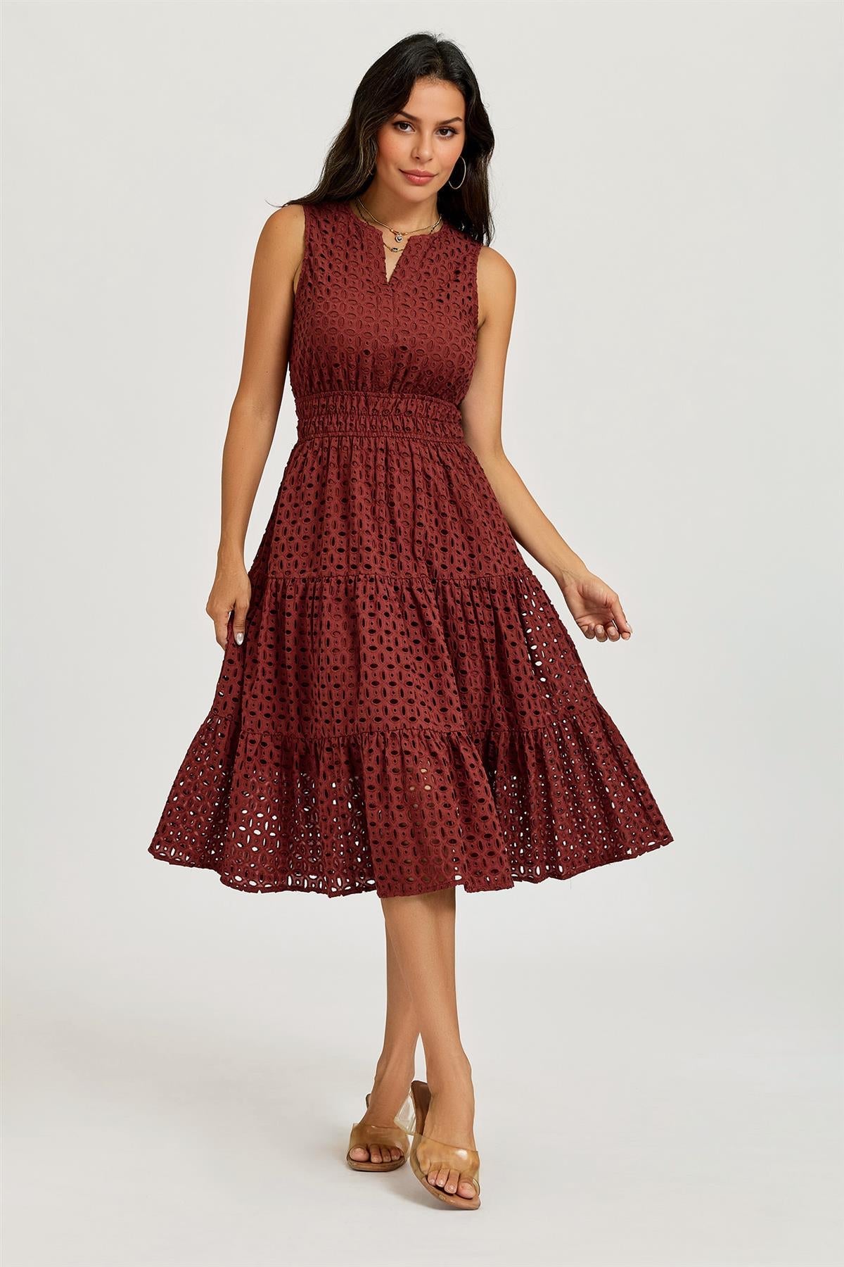 Sleeveless Broderie Anglaise Midi Dress In Rust FS982