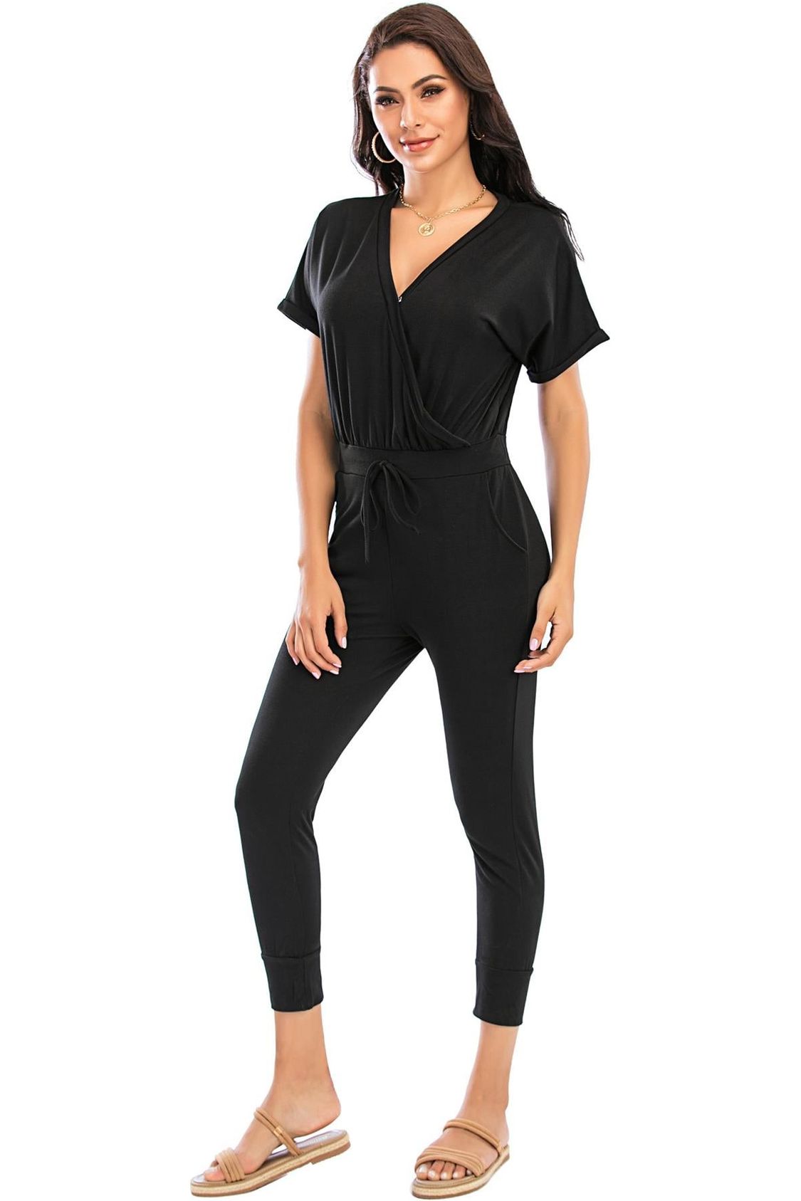 Stretch Wrap Jumpsuit With V Neck In Black FSP007-2