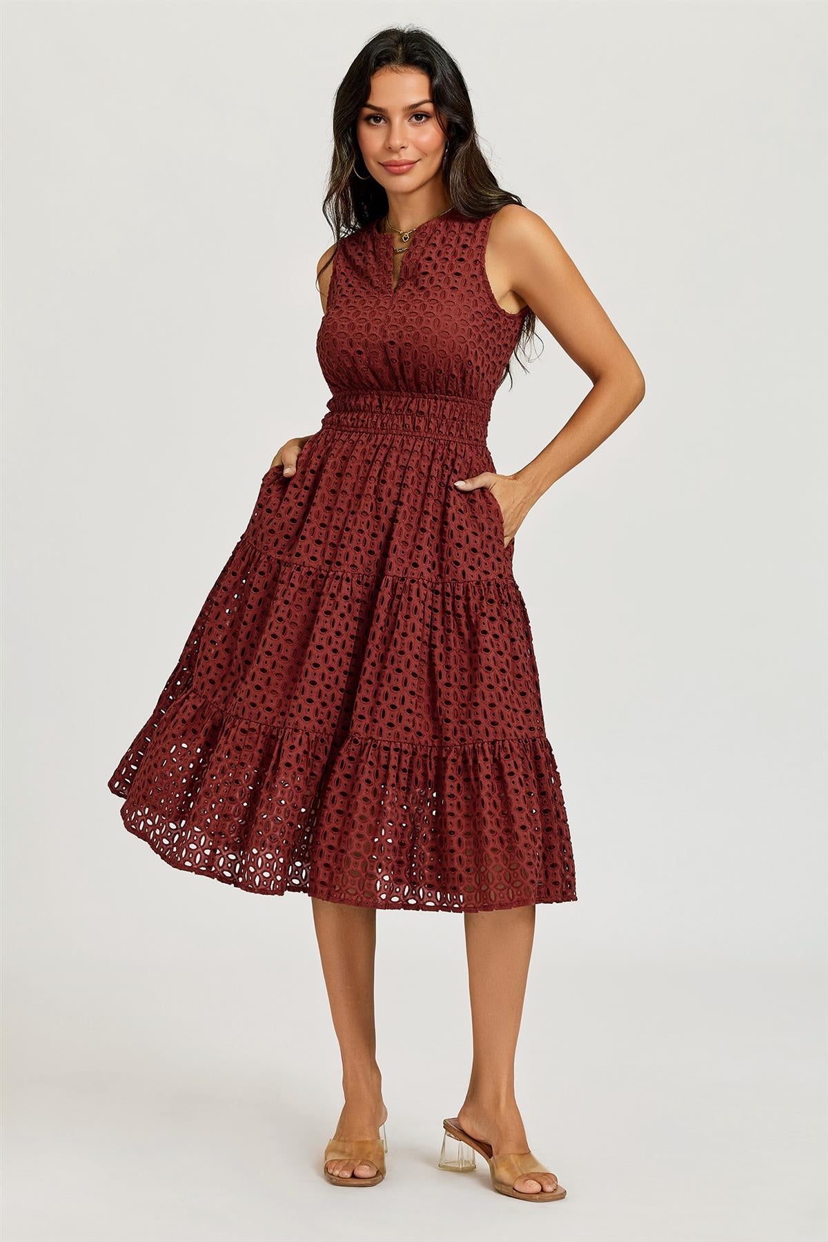 Sleeveless Broderie Anglaise Midi Dress In Rust FS982