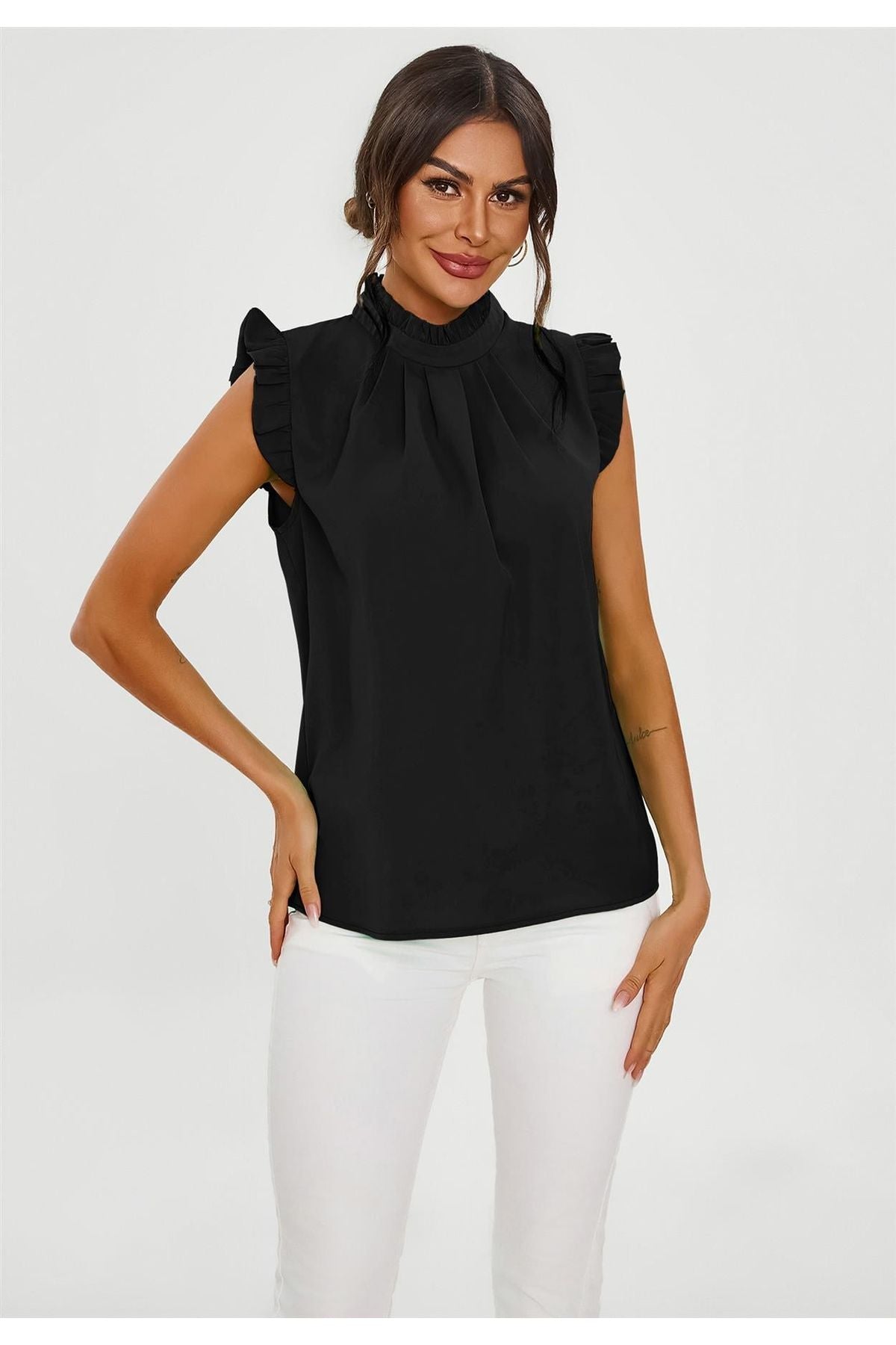 Frill Trim Sleeve High Neck Blouse Top In Black FS656