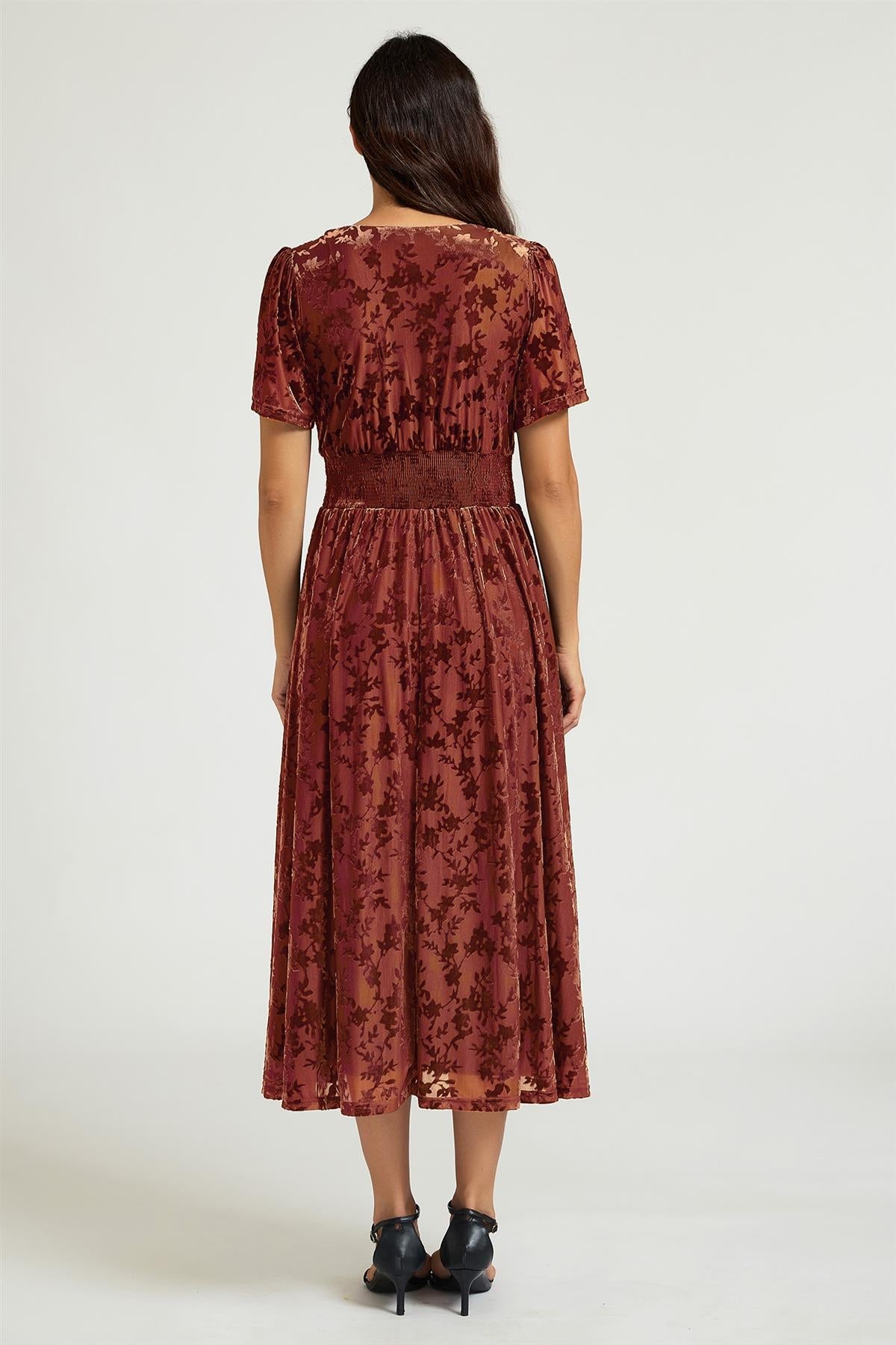 Rust Velvet Burnout V-Neck Angel Sleeve Midi Dress FS955