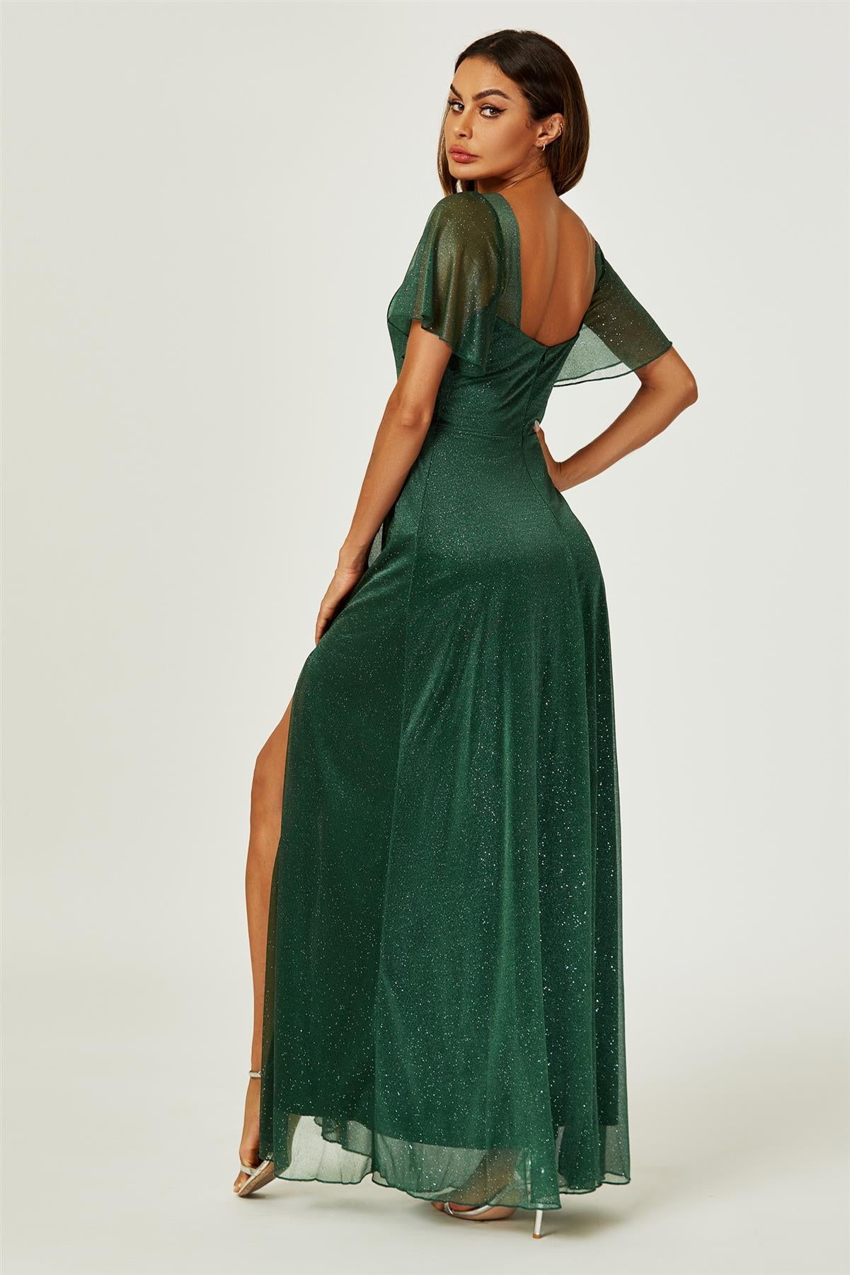 Silver Sparkly Empire Waist Bridesmaid Maxi Dress In Green FS746