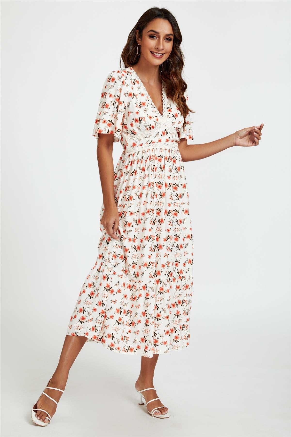 Red Floral Print Lace Detail Angel Sleeve Midi Dress In Cream FS661-WhiteRed