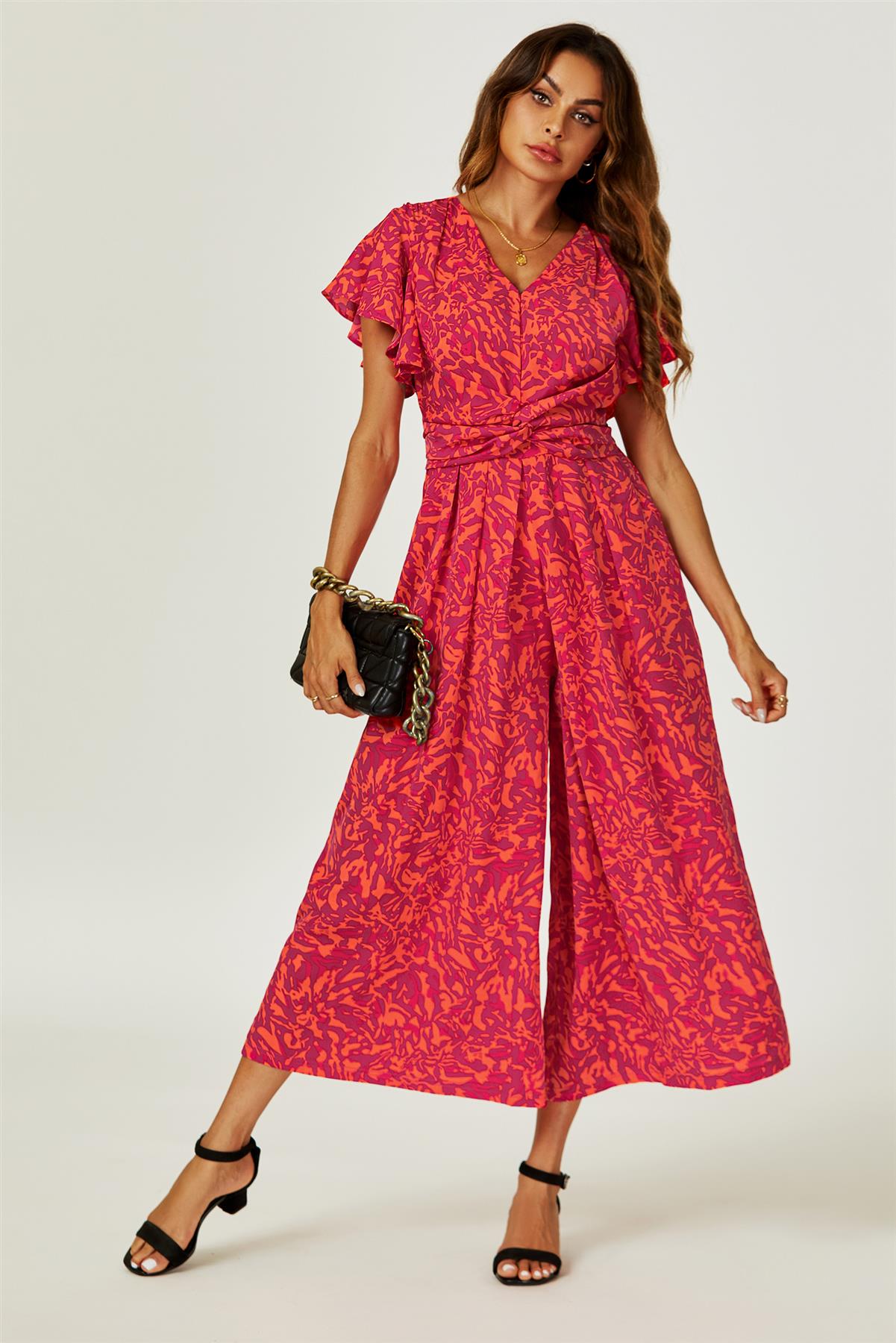 Printed Wide Leg Twist Jumpsuit In Fuchsia FS749-ROAP