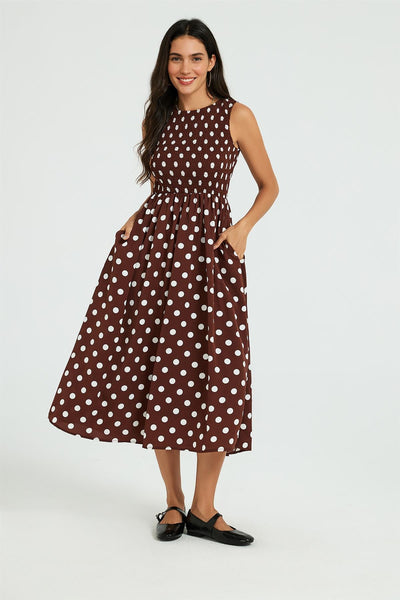Brown - Dot Print Tie Back Sleeveless Shirred Top Midi Dress Brown by FS Collection