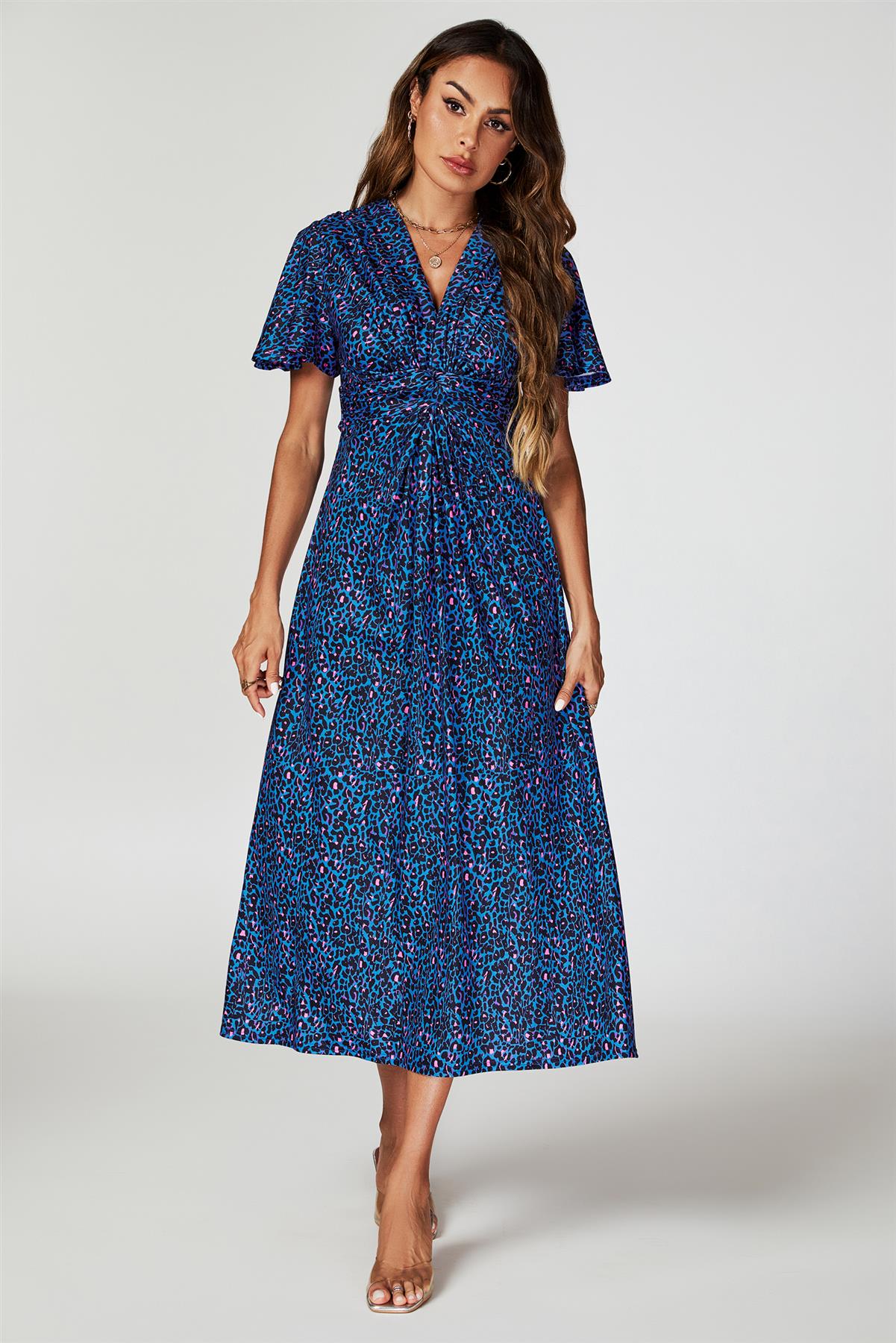 Animal Print Angel Sleeve Twist Maxi Dress In Blue FS742-BlueLeopard