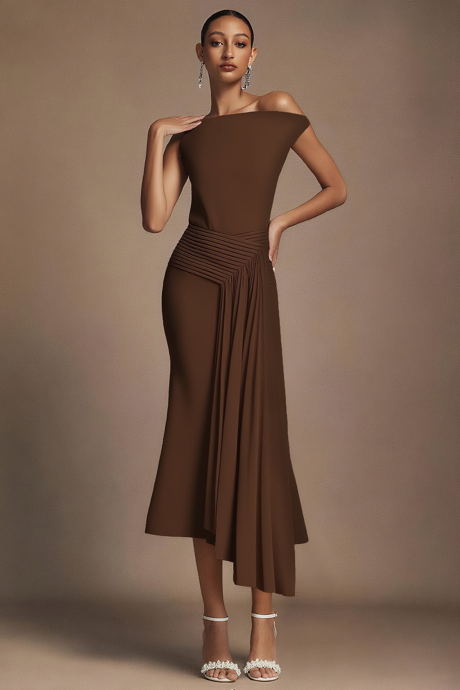 Paulina Oblique Shoulder Sleeveless Folds Brown Midi Dress C250300341