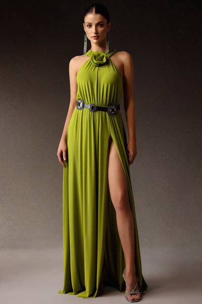 Green - Naleza Sleeveless Flowers Slit Maxi Dress by Bella Barnett