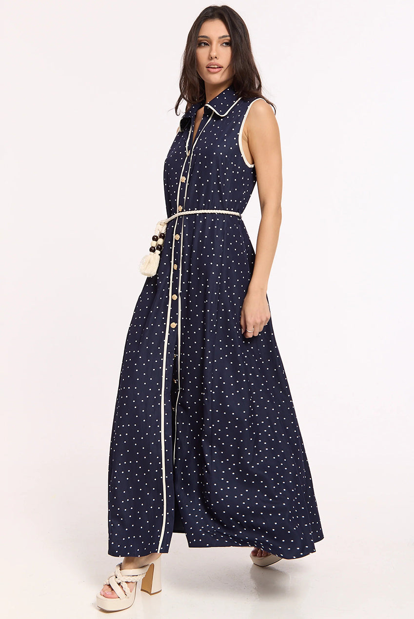 Navy Polka Dot Button Maxi Dress LQ78003N009