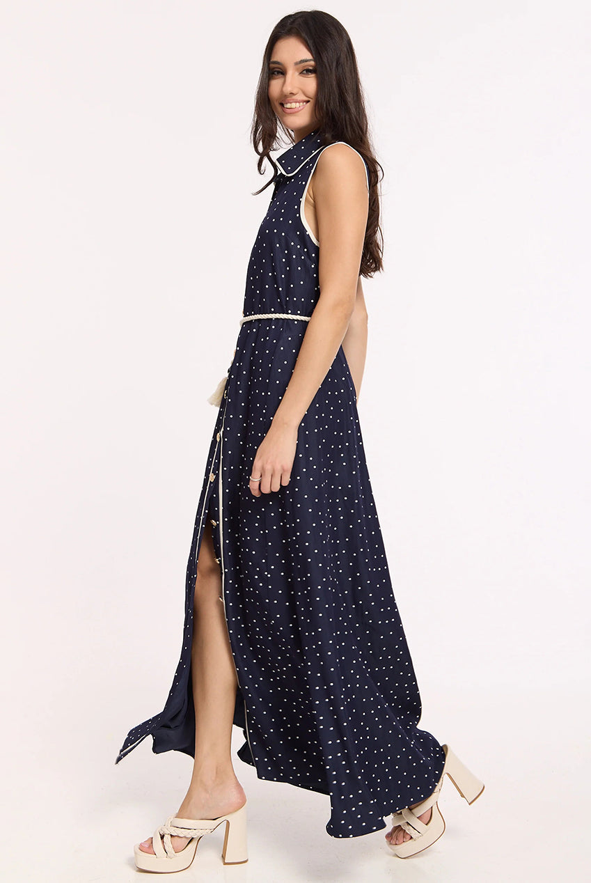 Navy Polka Dot Button Maxi Dress LQ78003N009