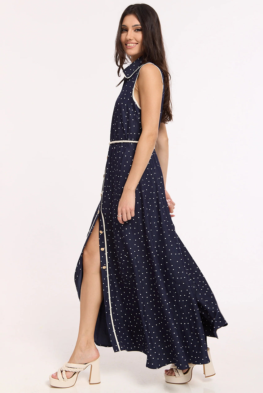 Navy Polka Dot Button Maxi Dress LQ78003N009