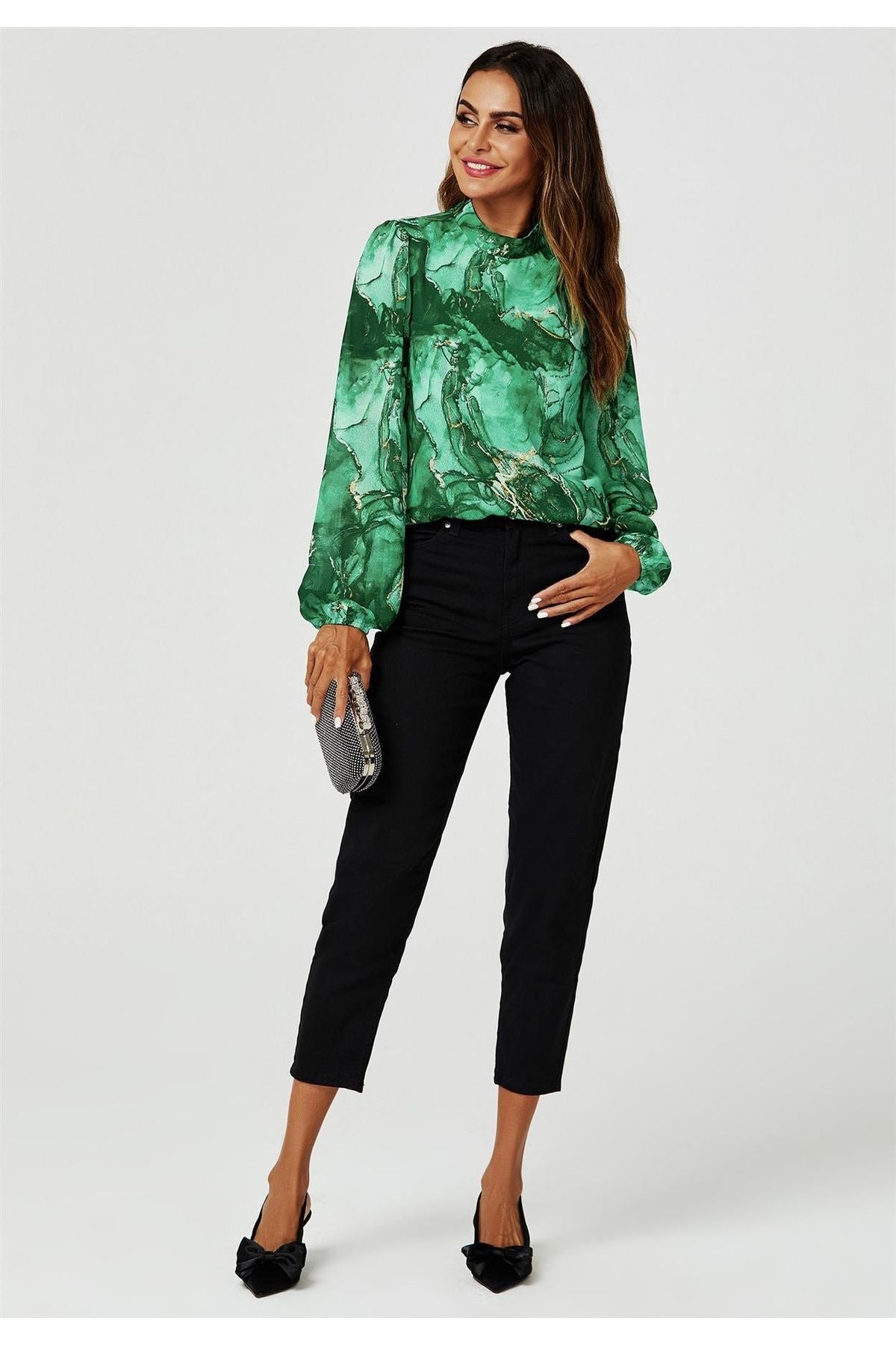 Marble Print Long Sleeve High Neck Top In Light Green FS628