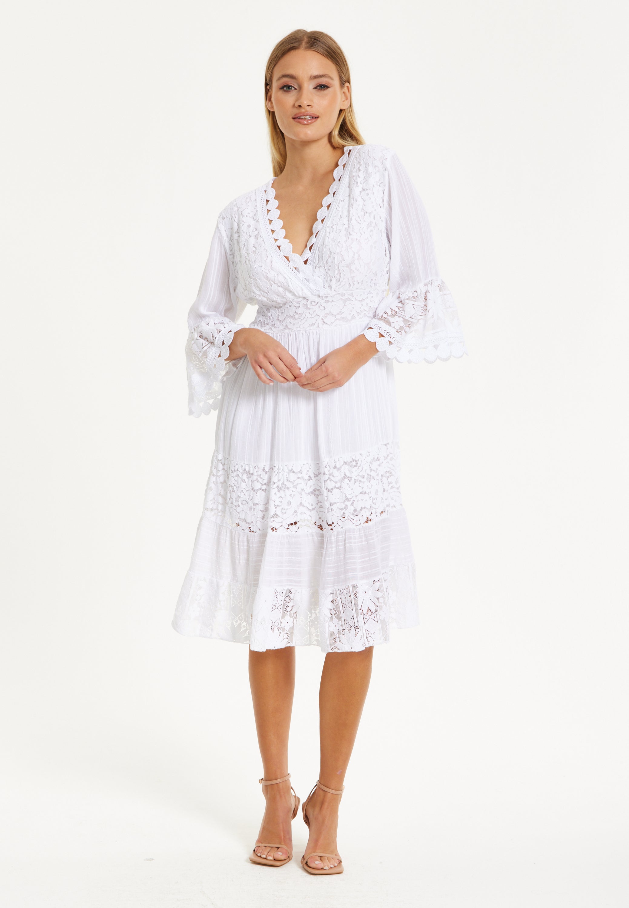 White Lace Flared Sleeve Midi Dress 25SS0105002