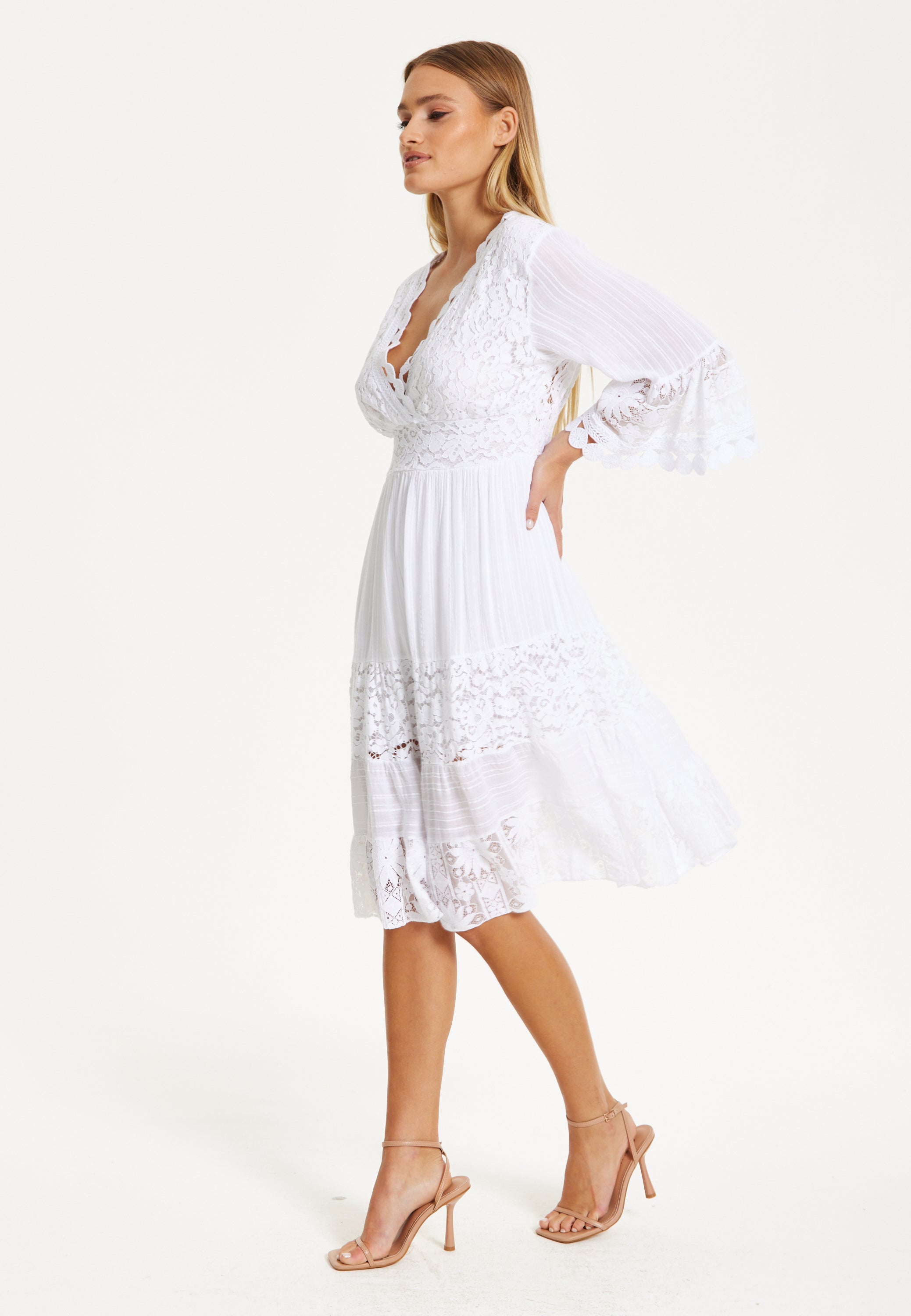 White Lace Flared Sleeve Midi Dress 25SS0105002