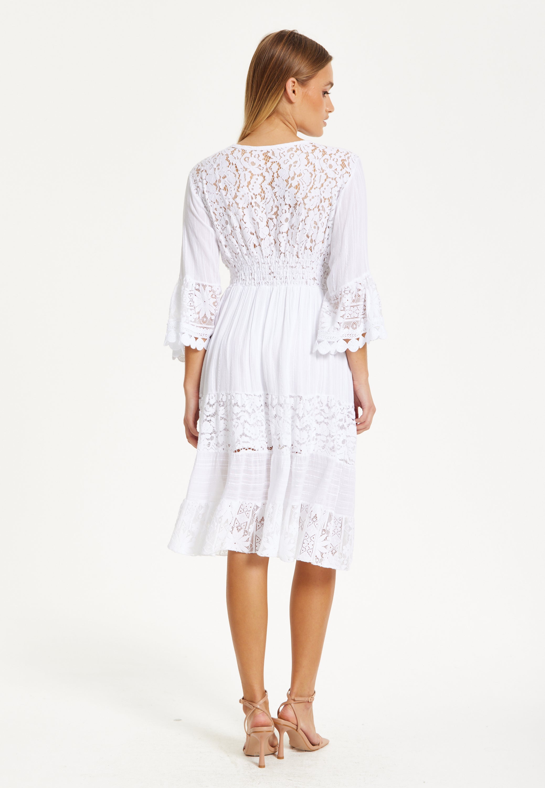 White Lace Flared Sleeve Midi Dress 25SS0105002