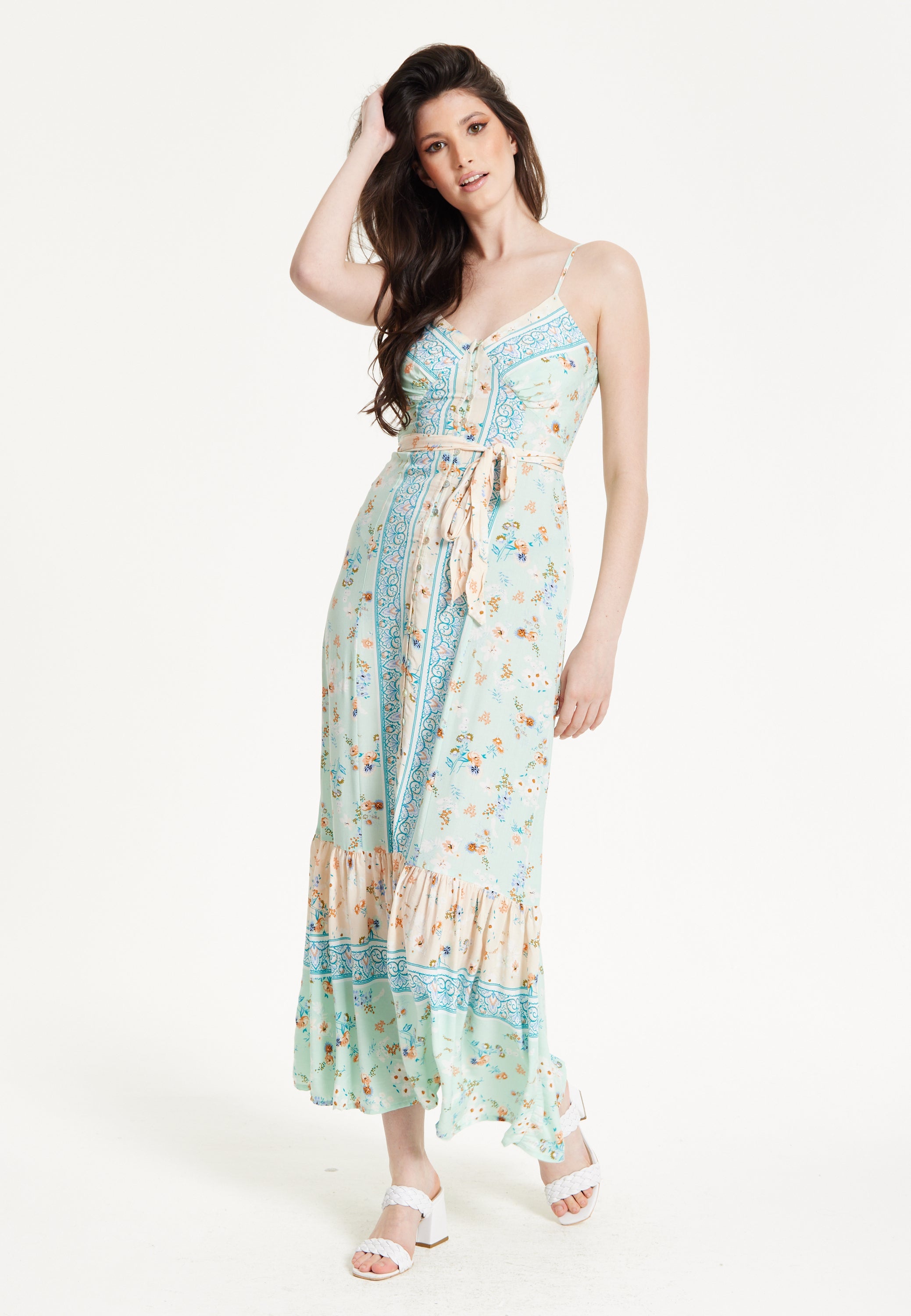 Mint Boho Floral Tie Front Maxi Dress 25SS0107010