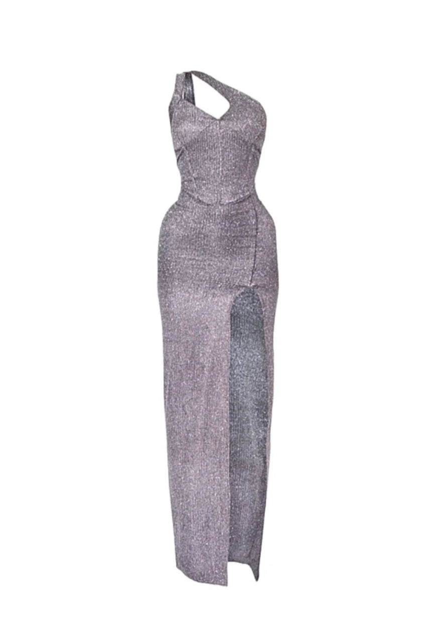 Silver Shimmer Textured One Shoulder Cut-out High Slit Maxi Dress AV-CNG8167SM