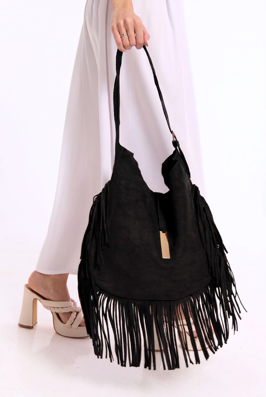 Black Suede Fringe Hobo Bag L507062C001