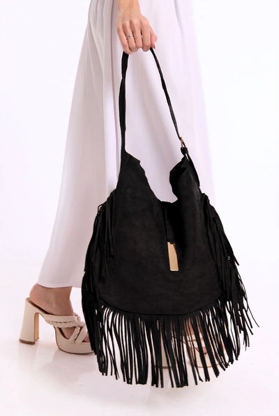 Black - Black Suede Fringe Hobo Bag by Liquorish