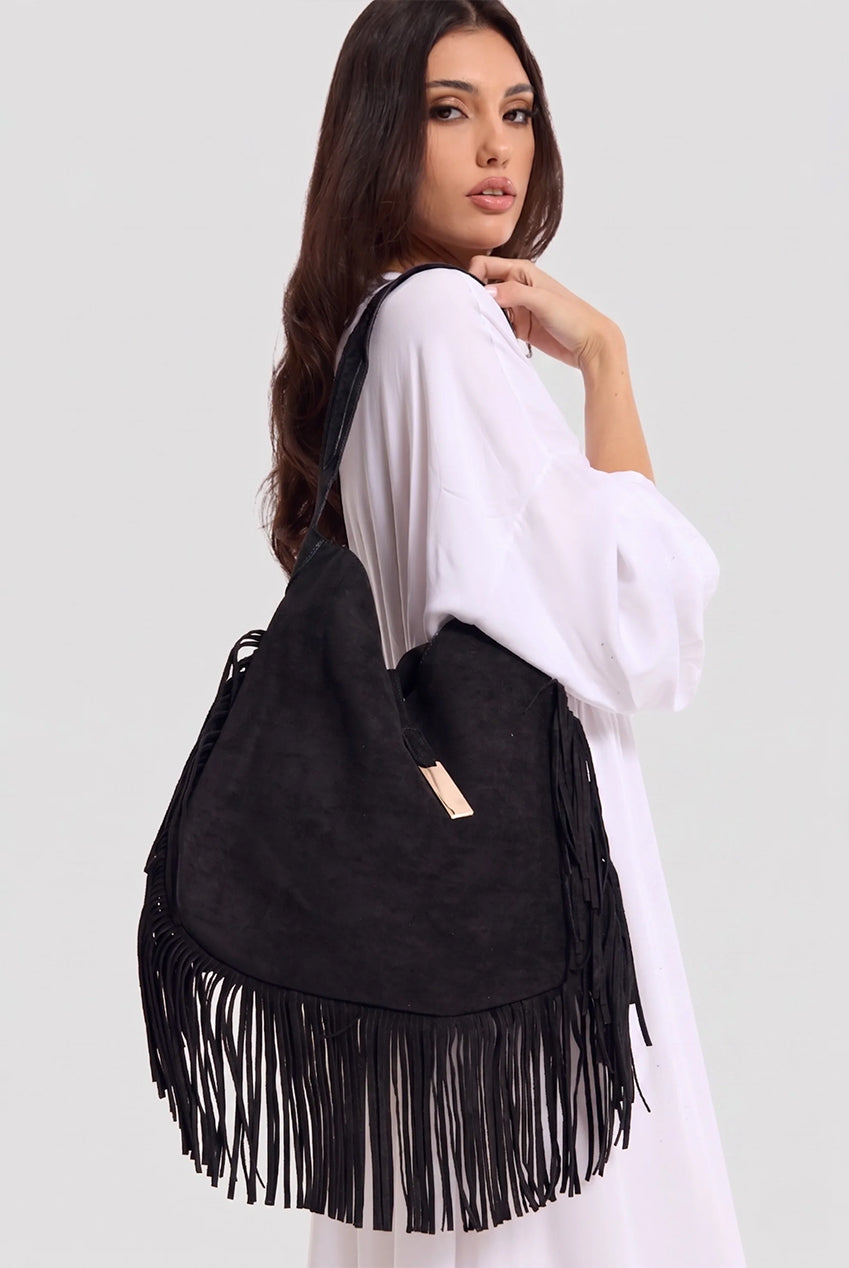 Black Suede Fringe Hobo Bag L507062C001